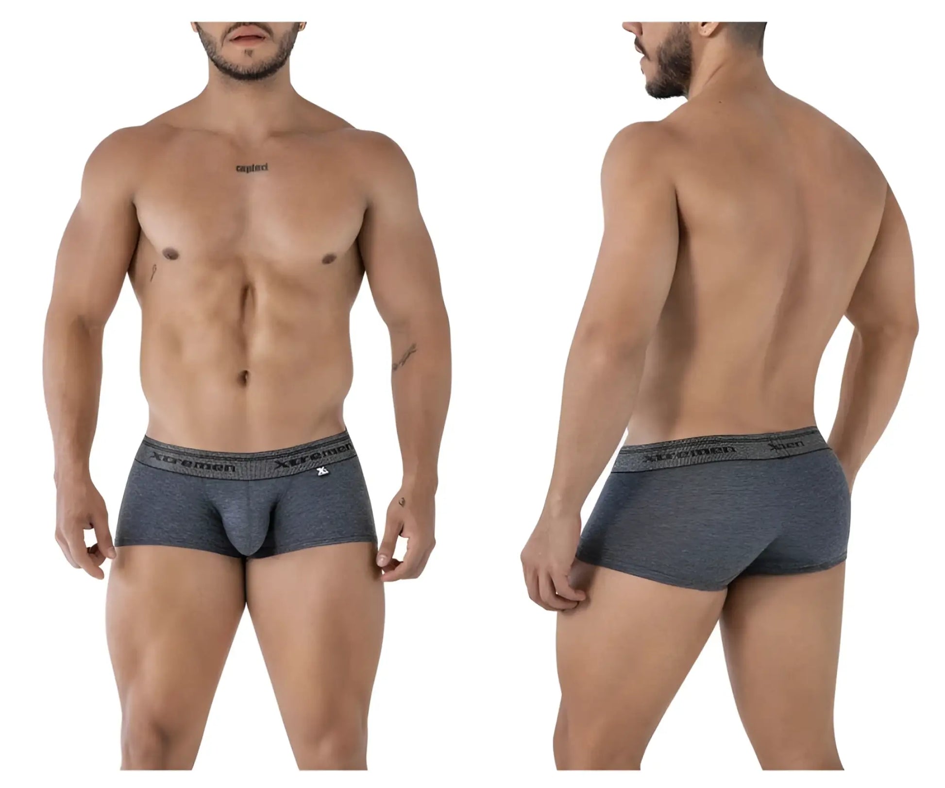 Gray heathered cotton blend briefs with subtle elastic waistband and xtremen logo on the side color cross design