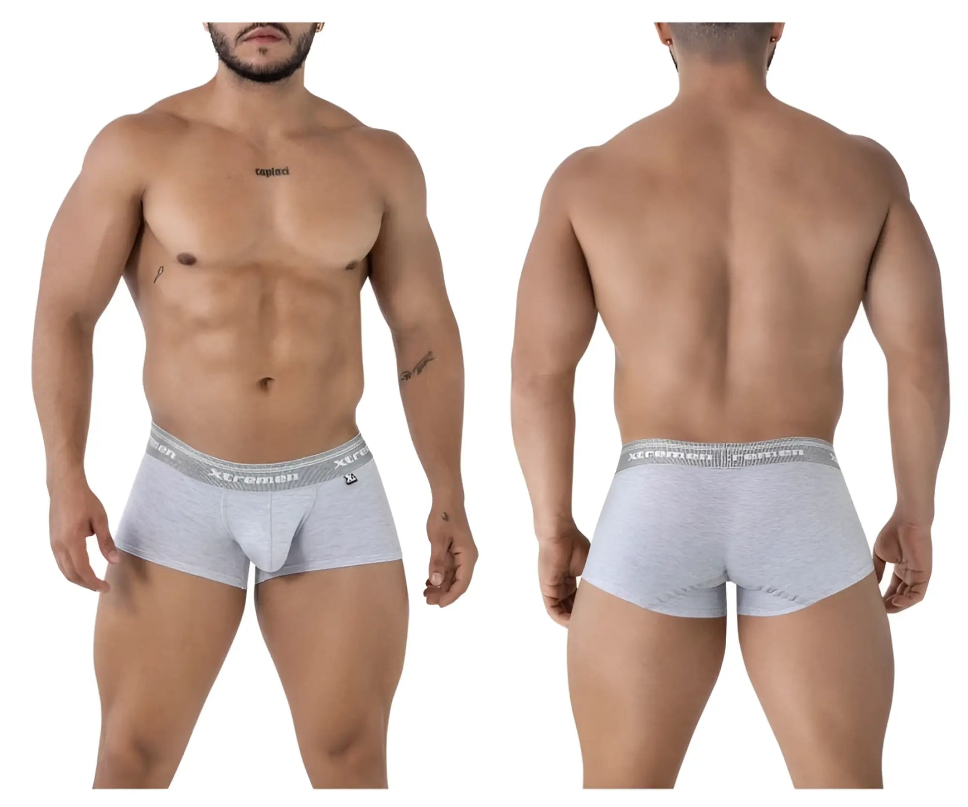 Gray heathered cotton blend trunks with gray elastic waistband featuring xtremen logo in black text color jasper gray