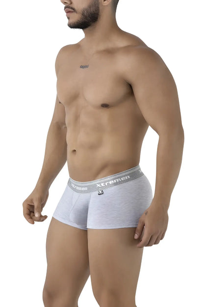 Gray heathered cotton blend briefs with silver elastic waistband featuring xtremen brand name and logo color jasper gray