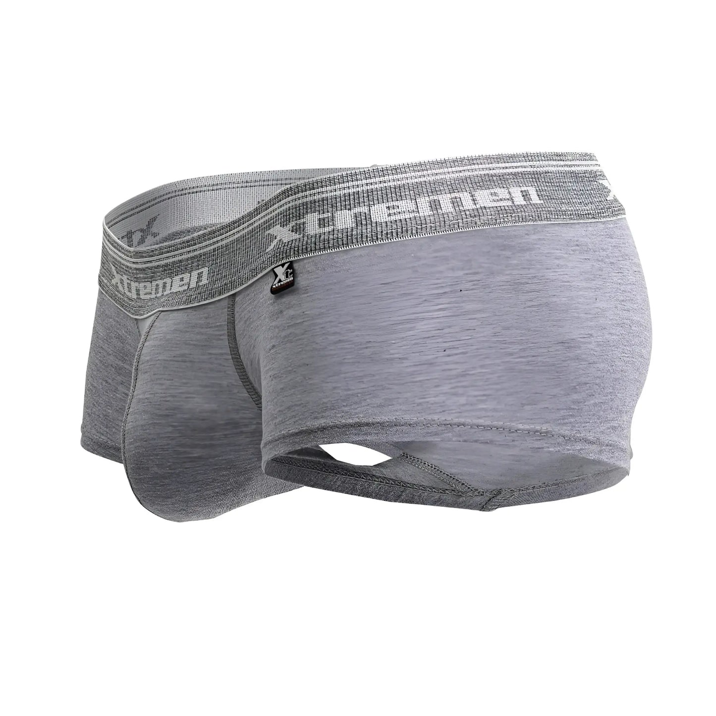 Gray heathered cotton blend briefs with textured elastic waistband featuring xtremen brand name and logo in jasper gray