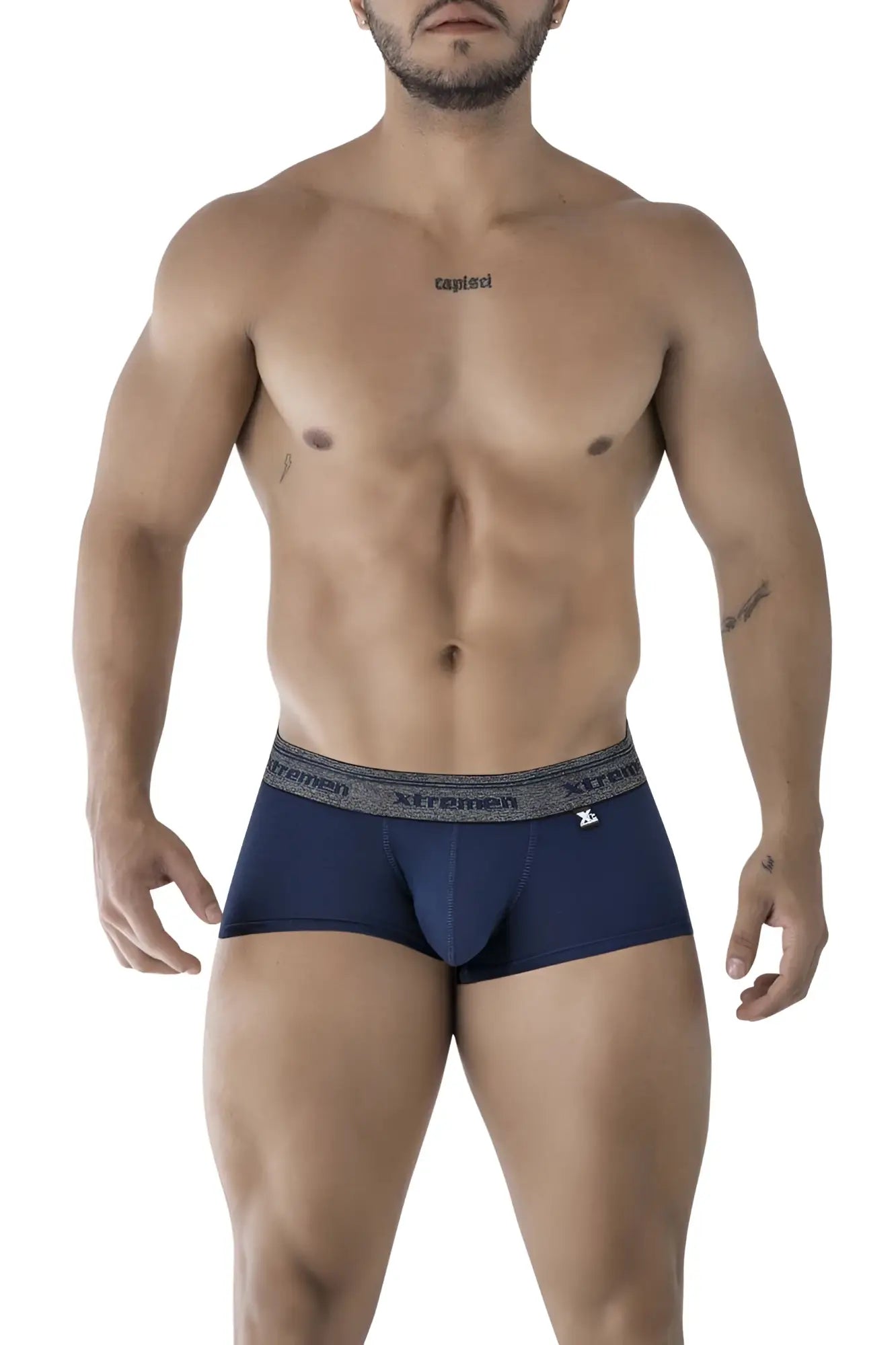 Navy blue men’s Xtremen 91205B cotton blend boxer briefs with gray elastic waistband featuring brand logo