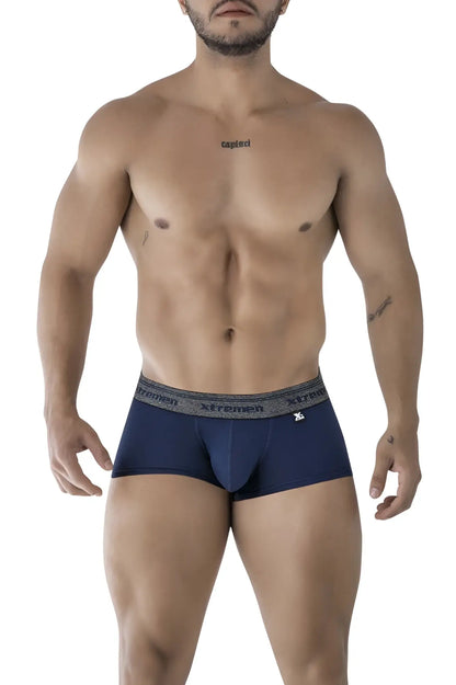 Navy blue men’s Xtremen 91205B cotton blend boxer briefs with gray elastic waistband featuring brand logo