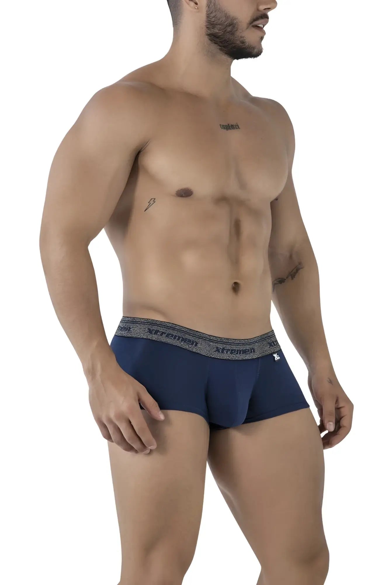 Navy xtrememan briefs with gray elastic waistband featuring black brand name lettering cotton blend trunks
