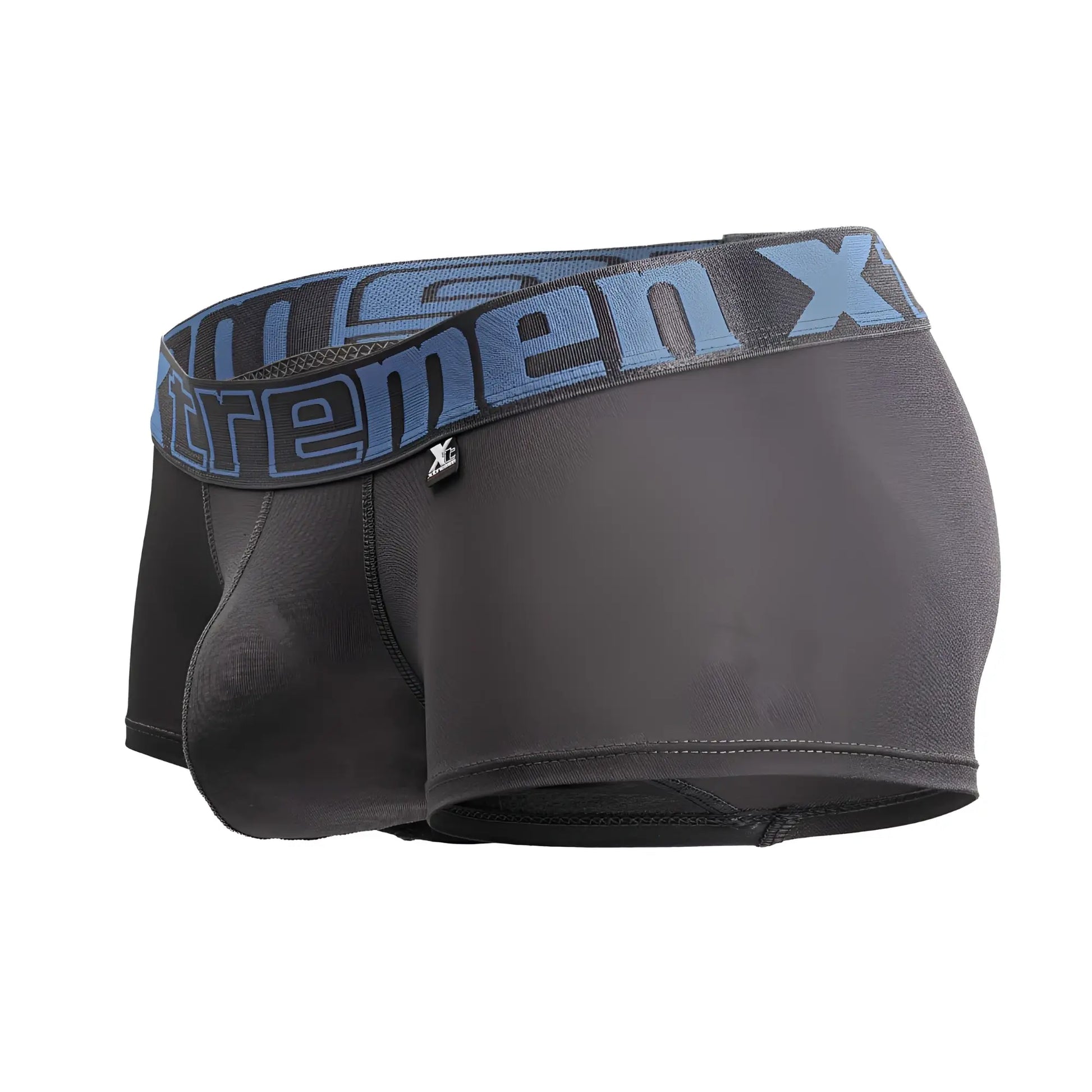 Black men’s microfiber boxer briefs in gray with a blue and gray waistband featuring the xtremen x logo