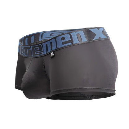 Black men’s microfiber boxer briefs in gray with a blue and gray waistband featuring the xtremen x logo
