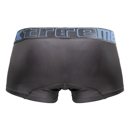 Black men’s microfiber trunks in gray with a gray waistband featuring blue xtreme branding model 91206b