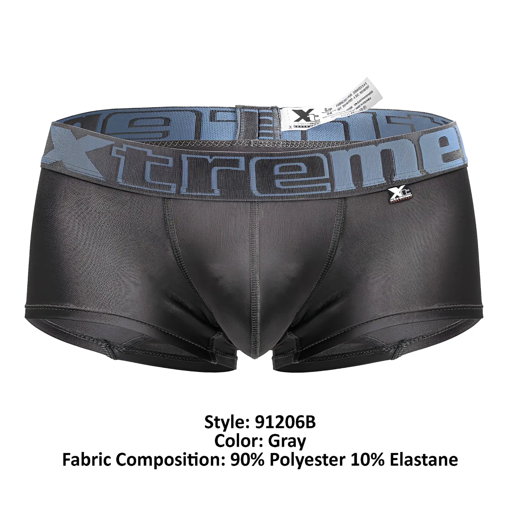 Gray xtremen 91206b microfiber trunks with textured stretchy fabric and branded xtreme waistband in dark gray lettering