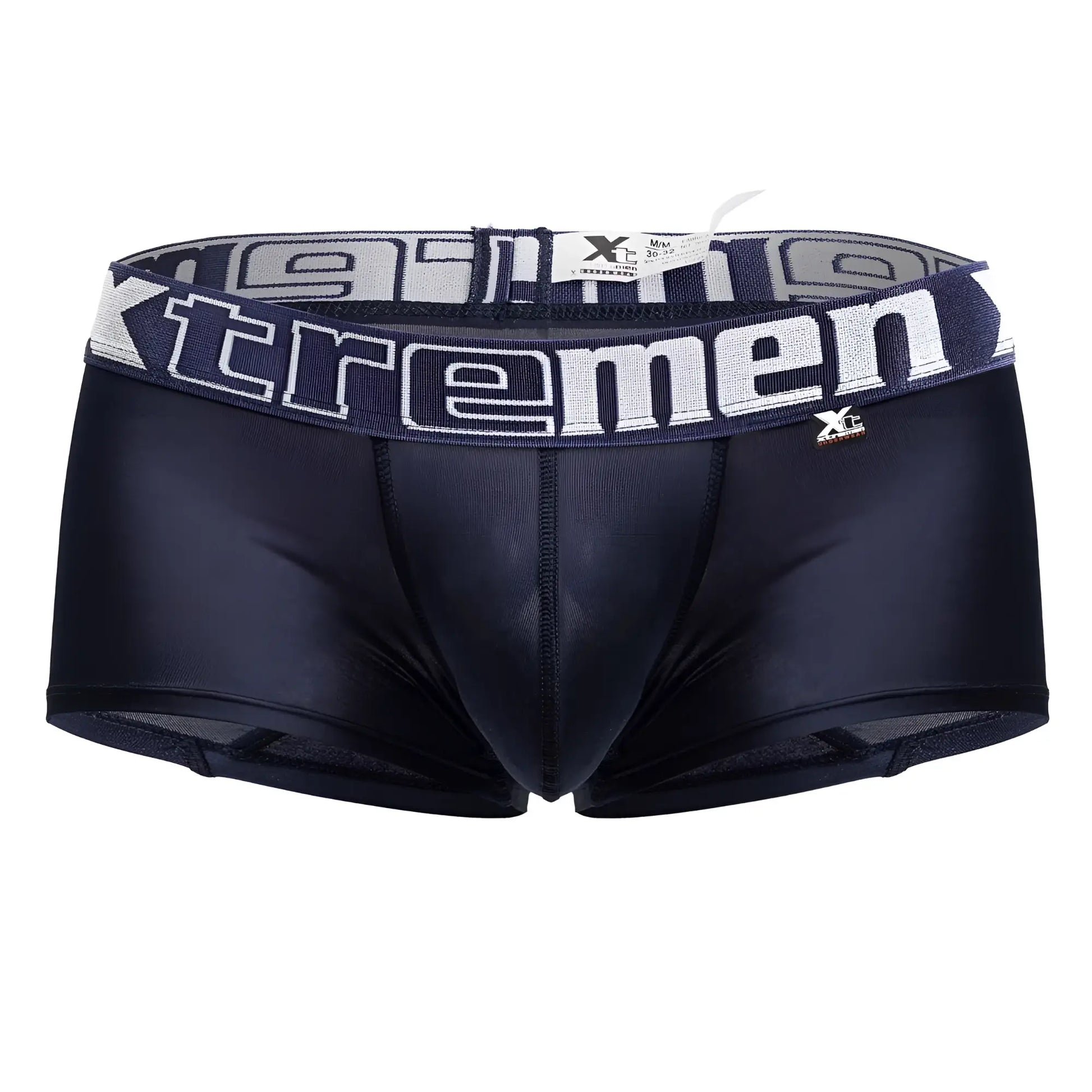 Black xtremen 91206b microfiber men’s briefs in navy with a gray and white branded waistband shown from the back