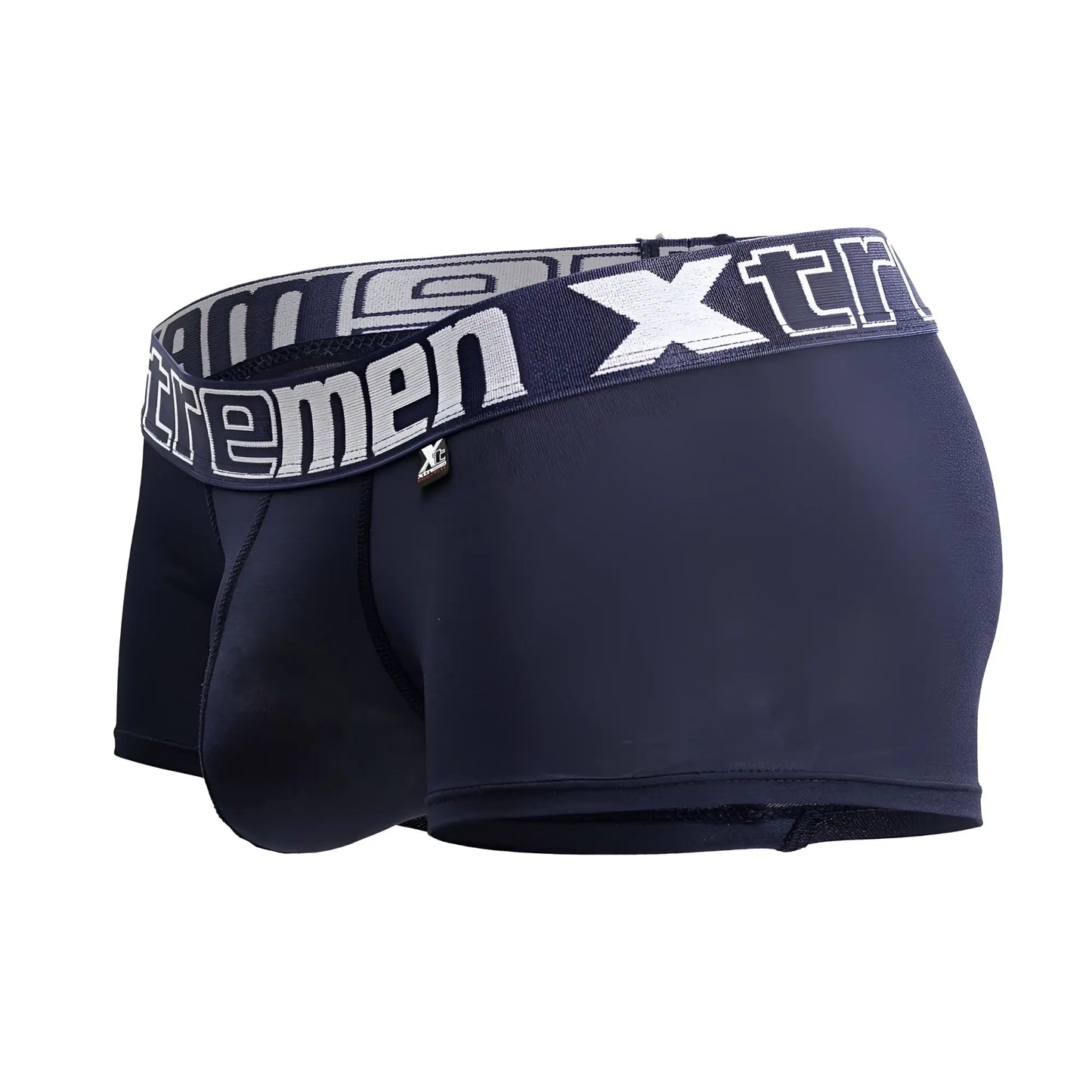 Navy blue men’s Xtremen 91206B microfiber boxer briefs with white and gray Xtremen logo waistband front view