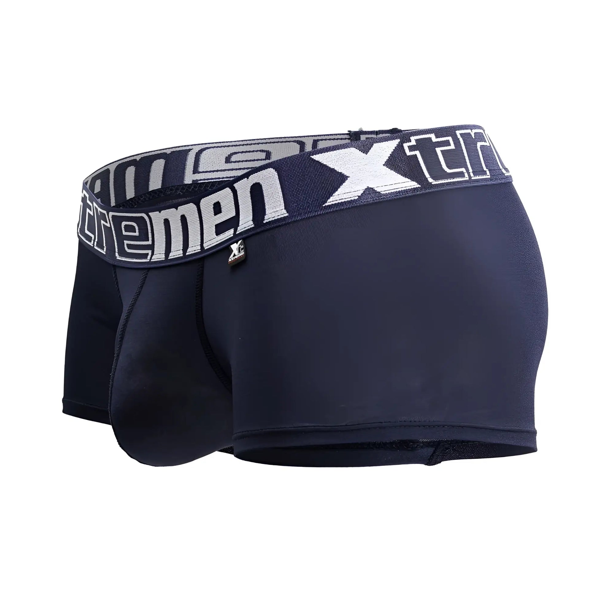 Navy blue men’s Xtremen 91206B microfiber boxer briefs with white and gray Xtremen logo waistband front view