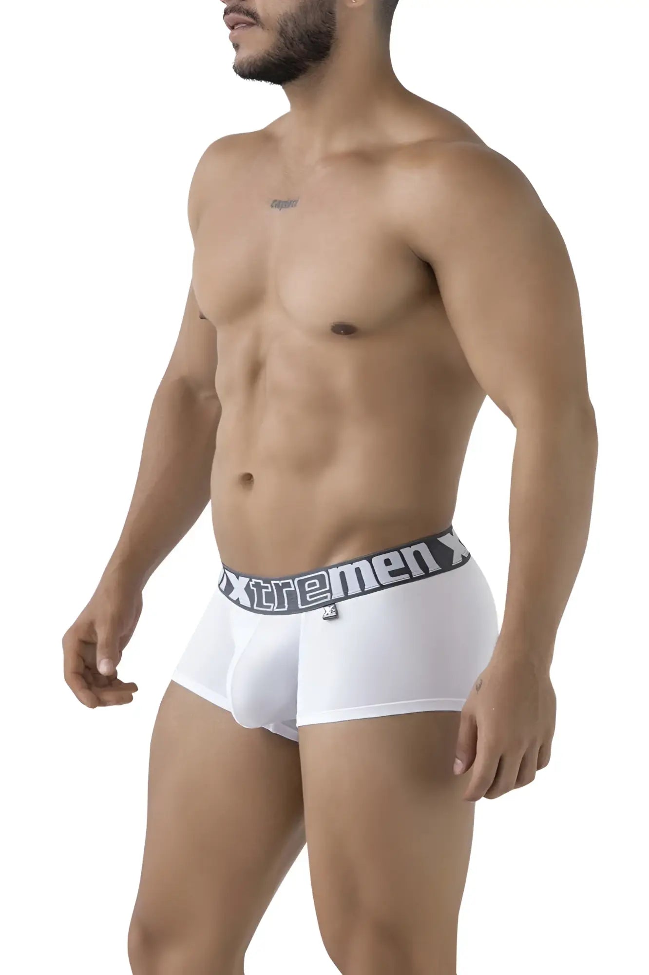 White xtremen 91206b microfiber trunks with black elastic waistband featuring xtremen logo in white lettering
