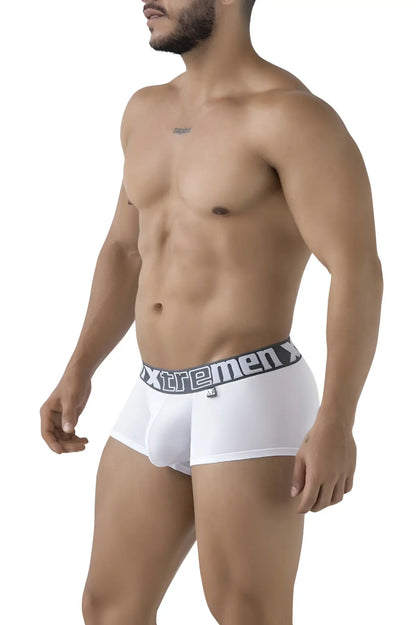 White xtremen 91206b microfiber trunks with black elastic waistband featuring xtremen logo in white lettering