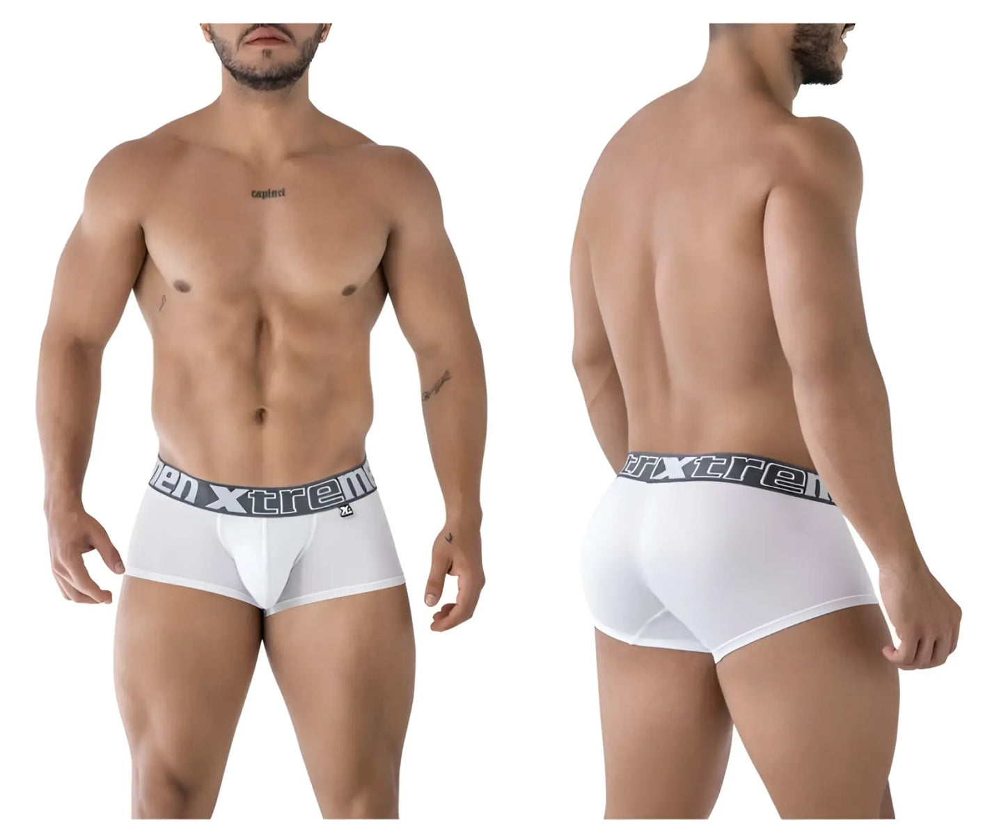 White xtremen 91206b microfiber trunks for men with gray elastic waistband featuring xtreme brand logo