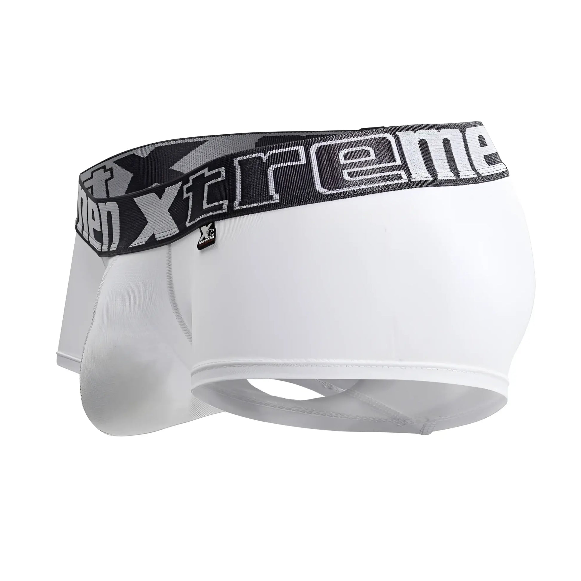 White xtremen 91206b microfiber trunks with a black and gray elastic waistband featuring the xtreme logo
