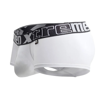 White xtremen 91206b microfiber trunks with a black and gray elastic waistband featuring the xtreme logo