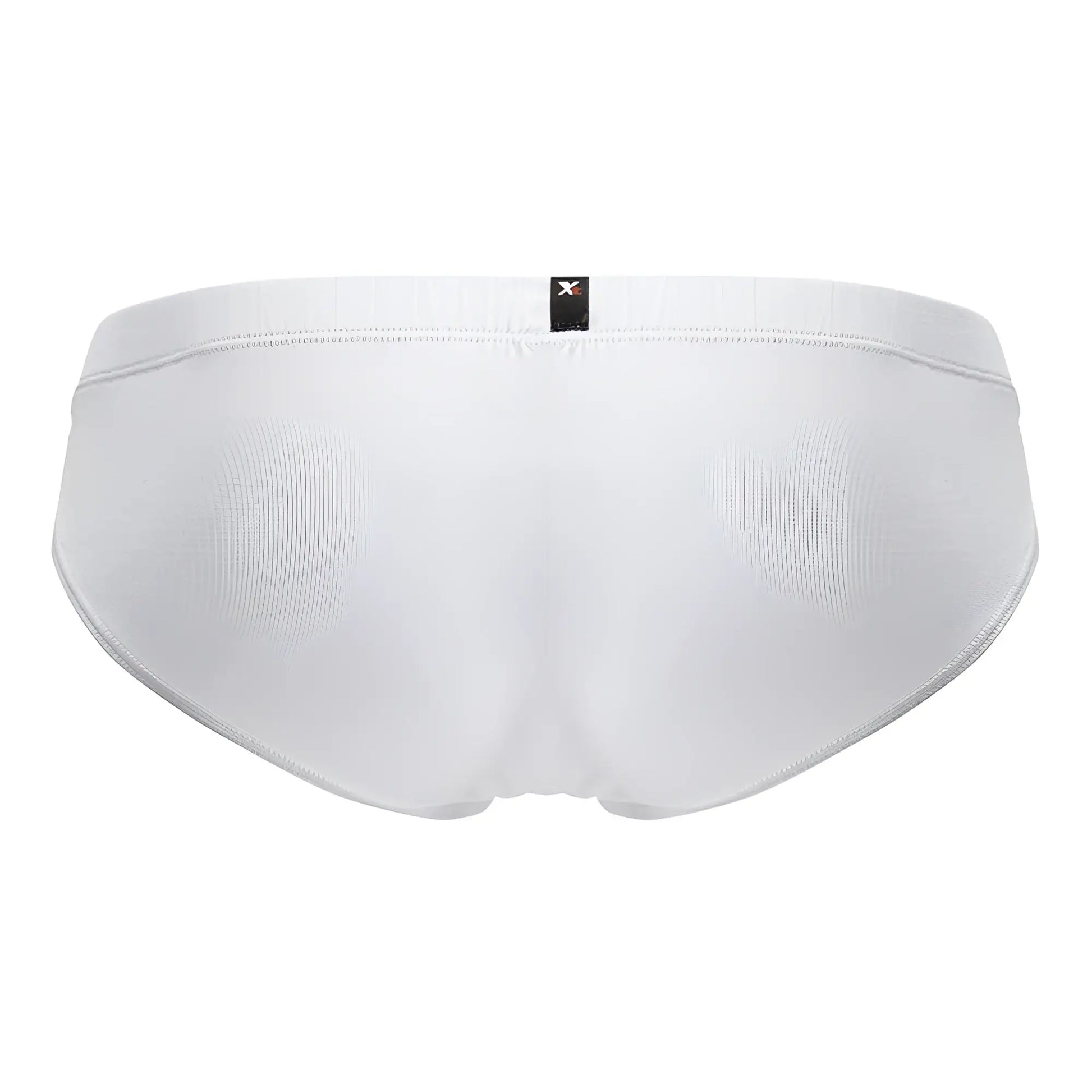 White xtremen 91207b microfiber briefs with ribbed texture and small black brand tag at waistband