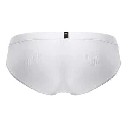 White xtremen 91207b microfiber briefs with ribbed texture and small black brand tag at waistband