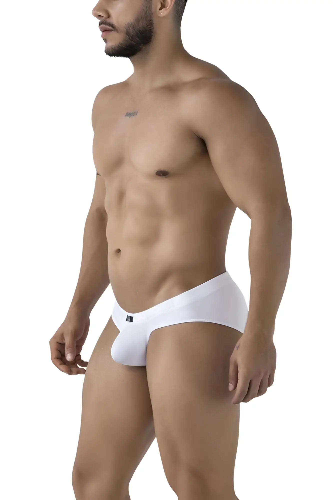 White xtremen 91207b microfiber briefs with a sleek form-fitting design and a small black logo on the left hip