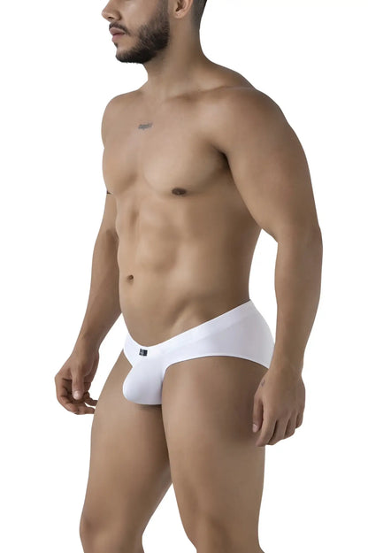 White xtremen 91207b microfiber briefs with a sleek form-fitting design and a small black logo on the left hip