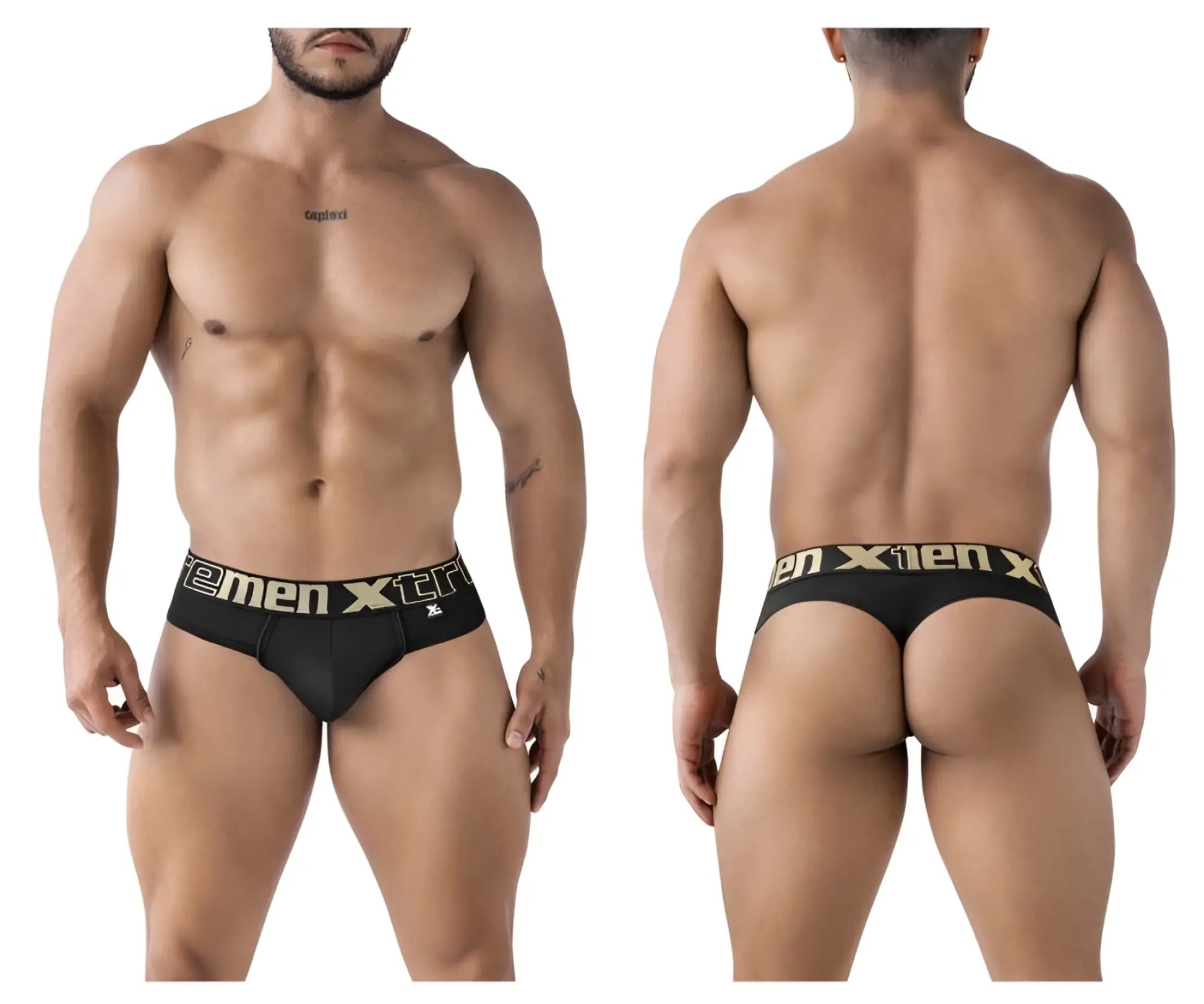 Black xtremen 91208b microfiber thongs with gold men xtr branding and small logo on waistband front view