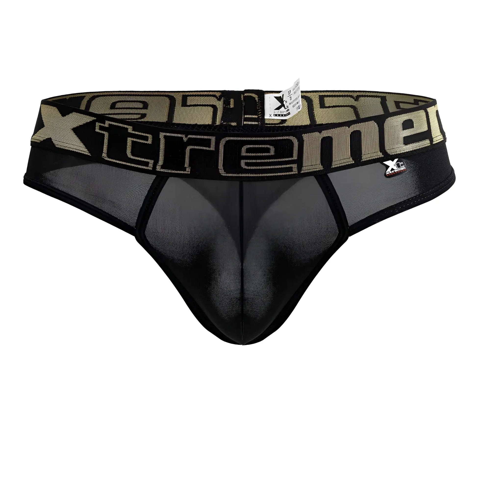 Black mesh microfiber thong with wide waistband featuring olive green xtreme lettering and branding