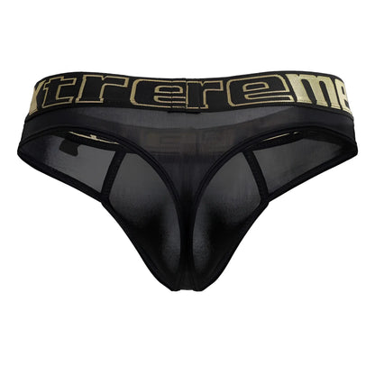 Black mesh microfiber thong with wide waistband featuring extreme in gold lettering xtremen 91208b model