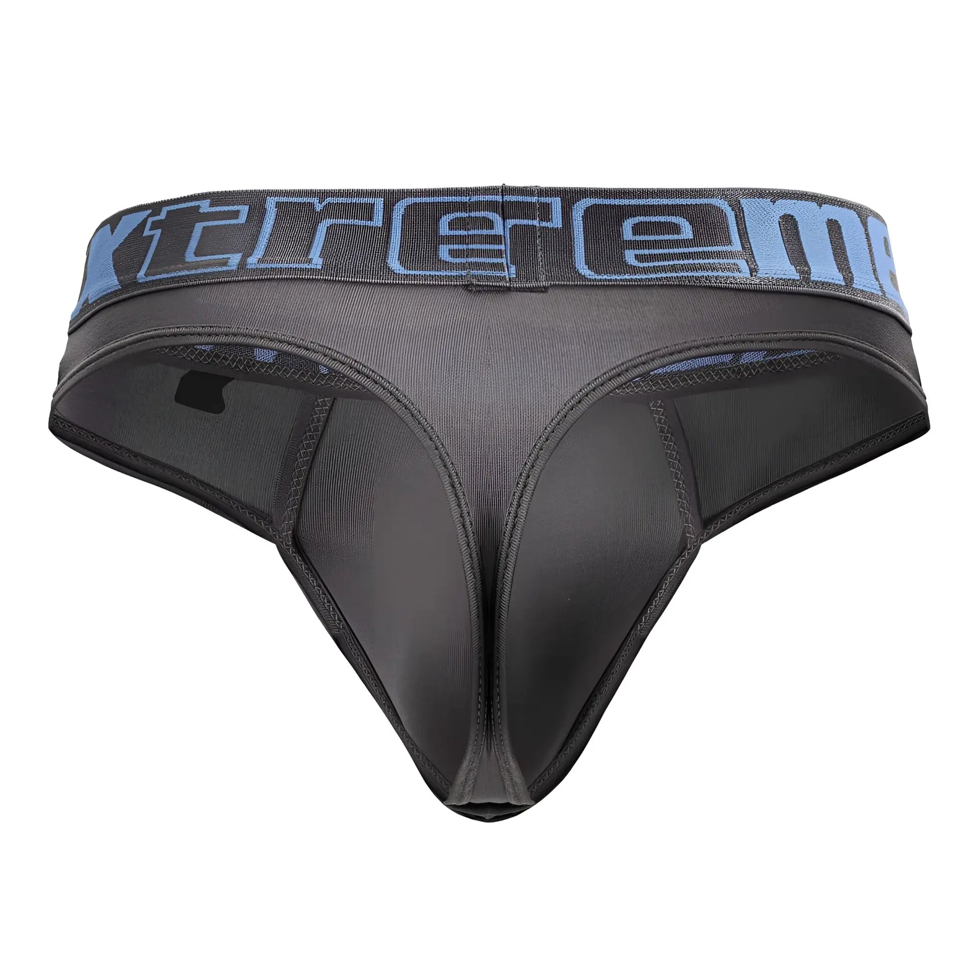 Black microfiber thong in gray with blue and gray extreme logo on the waistband showing the front side
