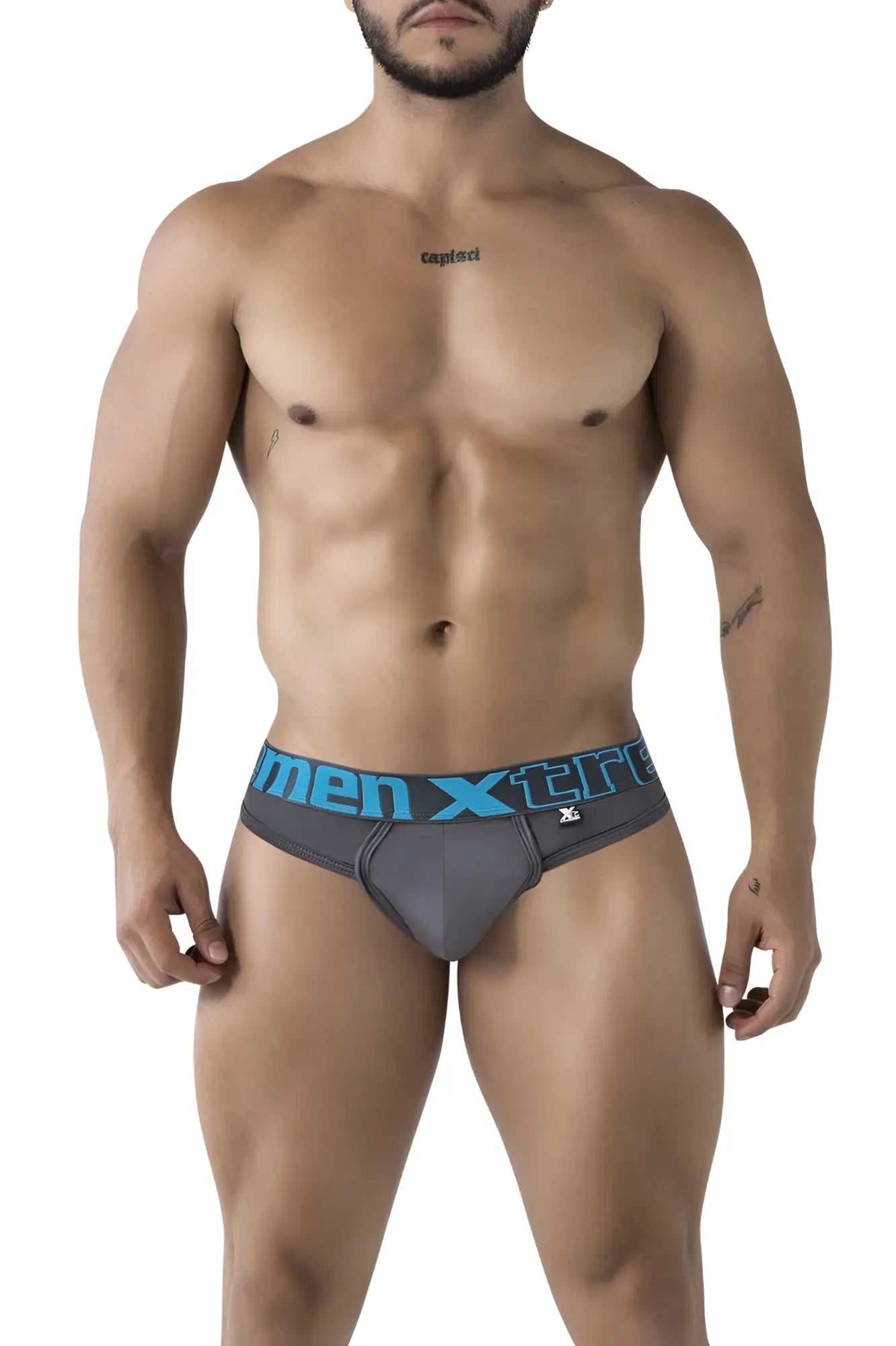 Gray xtremen 91208b microfiber men’s briefs with blue men xtre waistband and small side logo