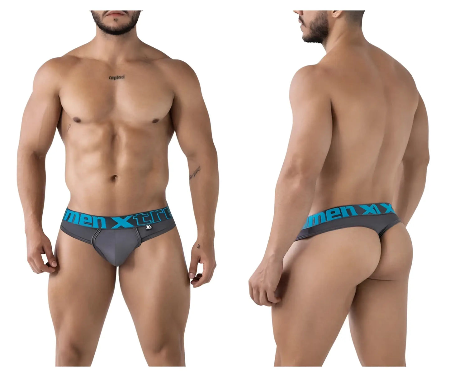 Gray men’s microfiber briefs with a teal men x waistband from the xtremen 91208b microfiber thongs color gray collection