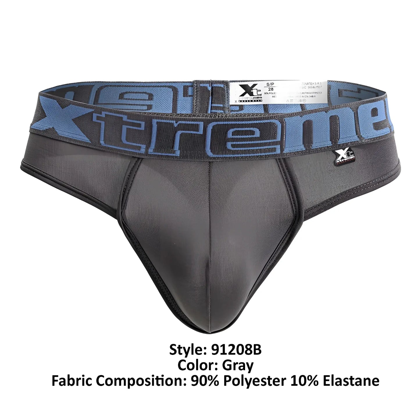 Gray men’s thong with blue and black xtreme branded waistband made of 90% polyester 10% elastane microfiber