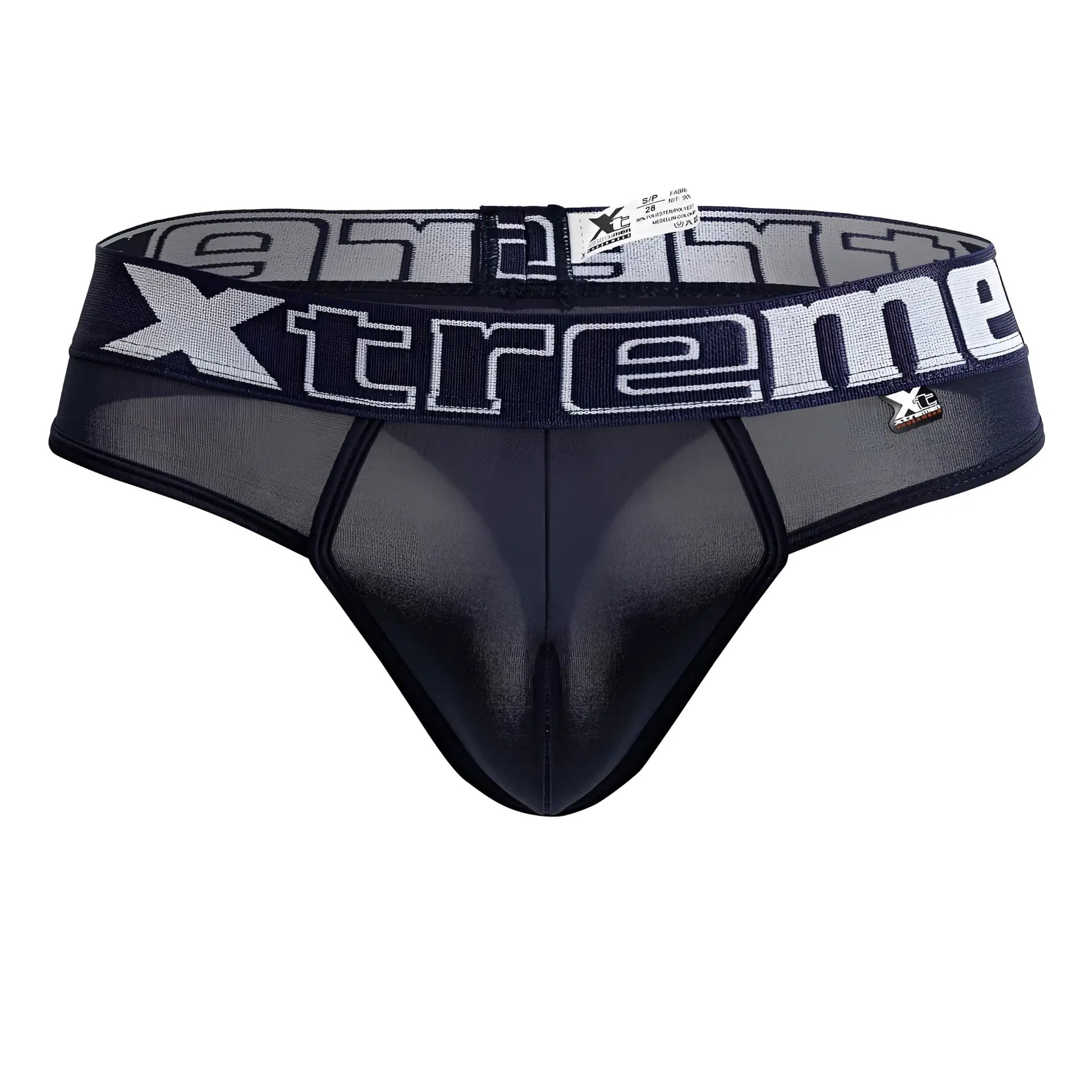 Black and gray mesh briefs with bold xtreme logo on waistband microfiber thongs color navy front view