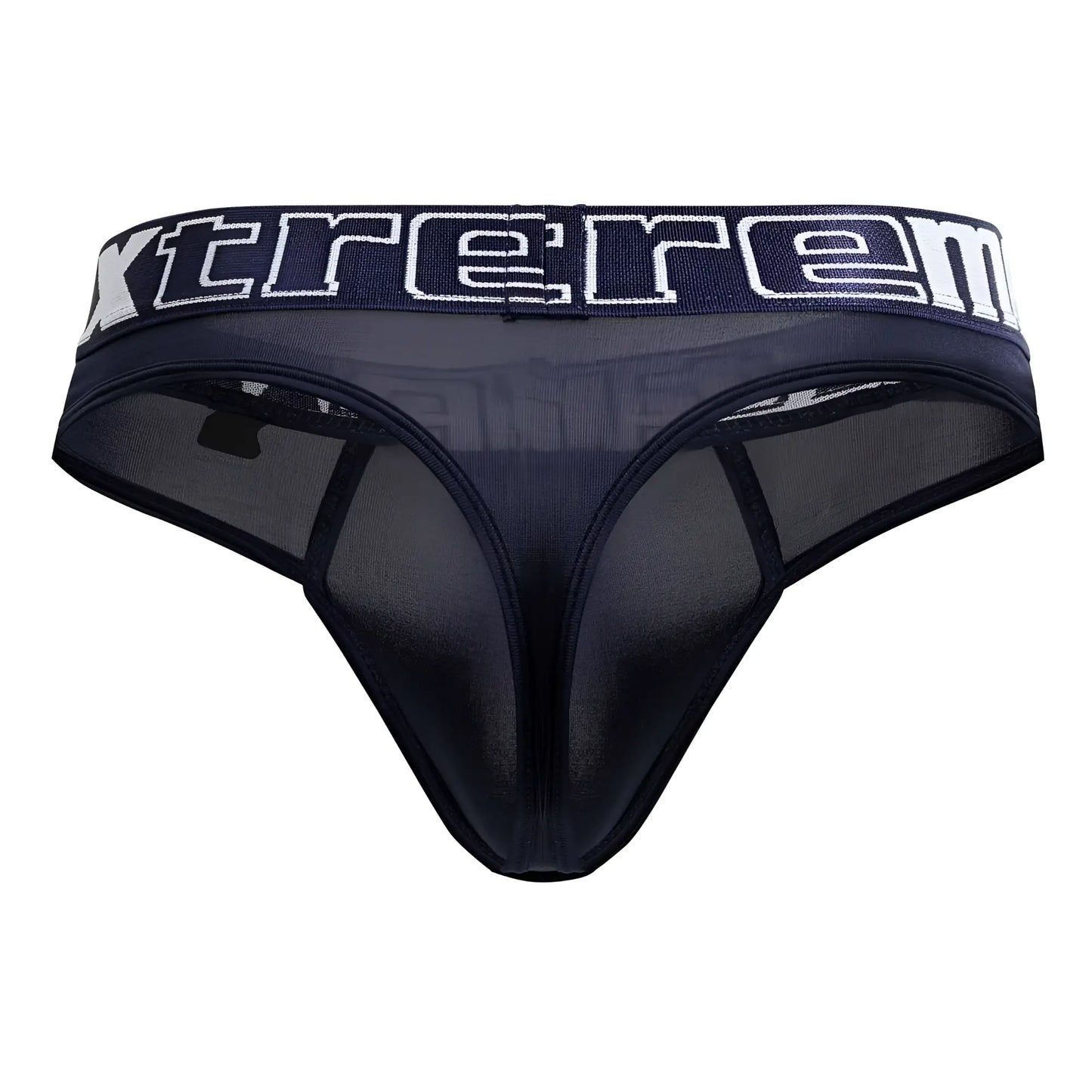 Black sheer mesh thong with wide waistband featuring xtreme branding in white navy microfiber xtremen 91208b thong