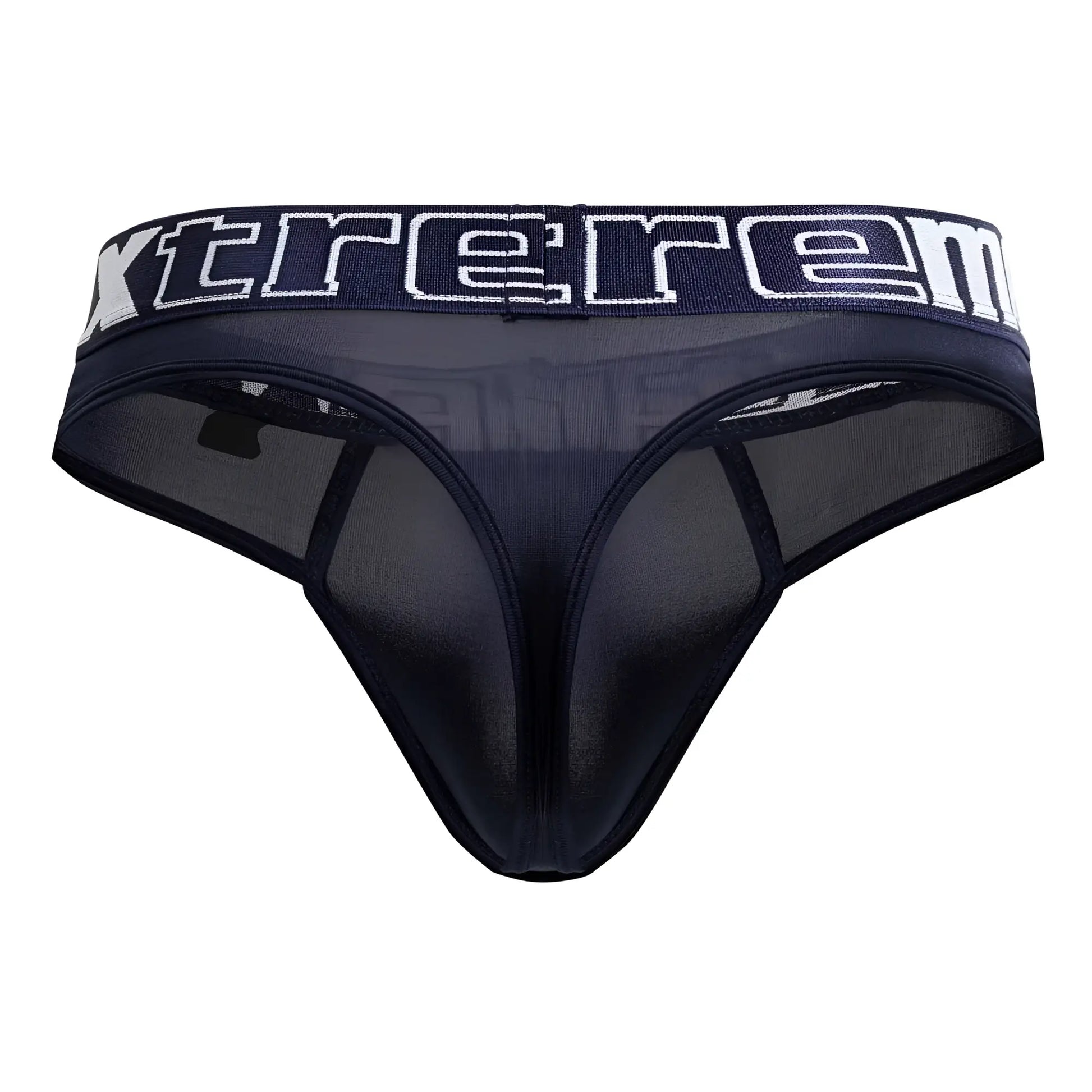 Black sheer mesh thong with wide waistband featuring xtreme branding in white navy microfiber xtremen 91208b thong