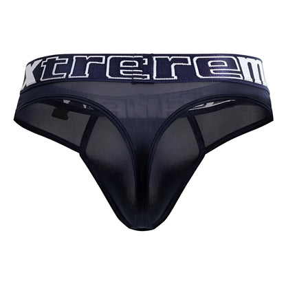 Black sheer mesh thong with wide waistband featuring xtreme branding in white navy microfiber xtremen 91208b thong