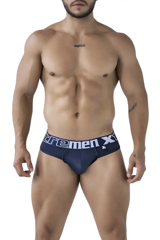 Navy microfiber men’s briefs with white and gray extremen x branding on the waistband, xtremen 91208b color navy