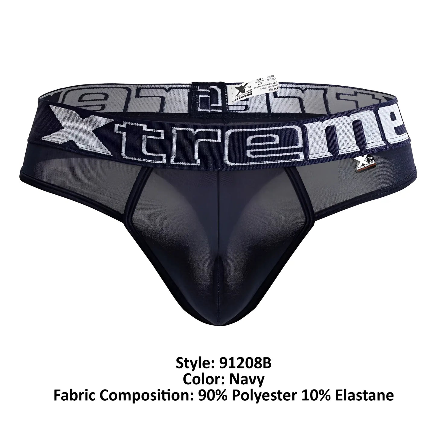 Navy xtremen 91208b microfiber thongs with mesh front and elastic waistband featuring silver xtreme logo