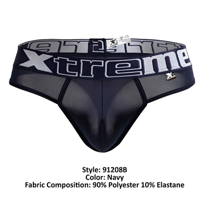 Navy xtremen 91208b microfiber thongs with mesh front and elastic waistband featuring silver xtreme logo