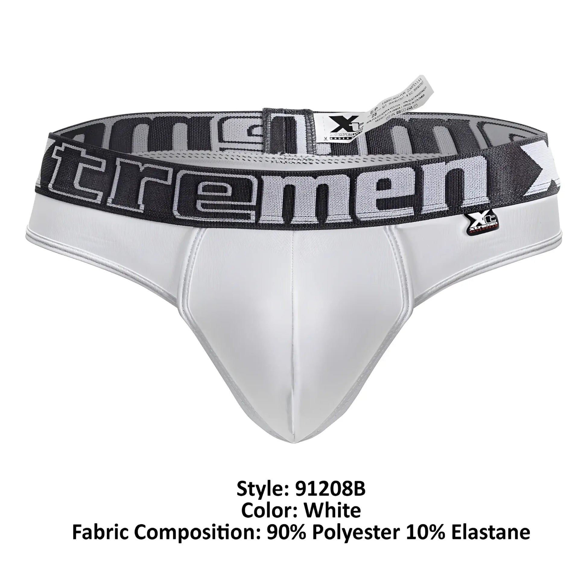 White men’s microfiber briefs with black and gray elastic waistband featuring xtremen logo in bold lettering