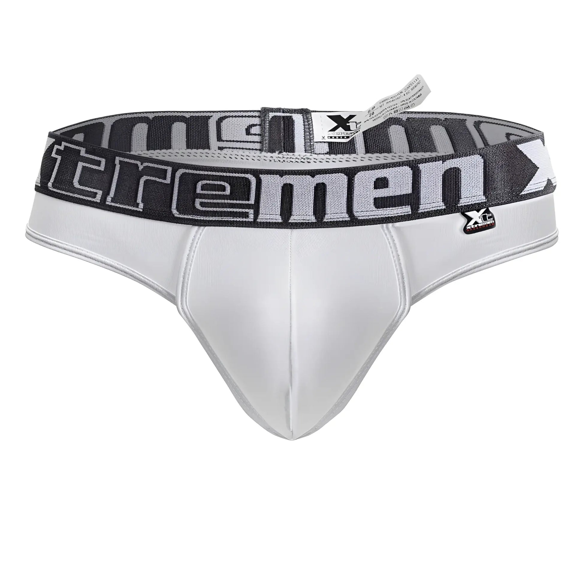 White xtremen 91208b microfiber thongs with gray and black elastic waistband featuring tremen logo in bold lettering