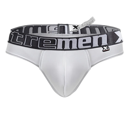 White xtremen 91208b microfiber thongs with gray and black elastic waistband featuring tremen logo in bold lettering