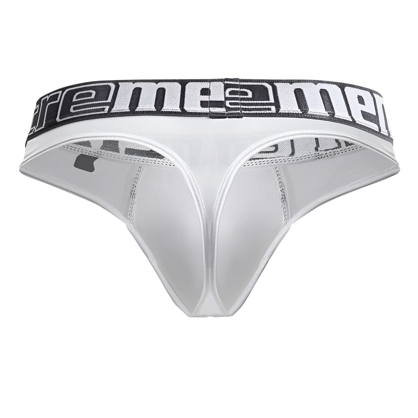 White xtremen 91208b microfiber thong for men with black and white extreme men waistband front view