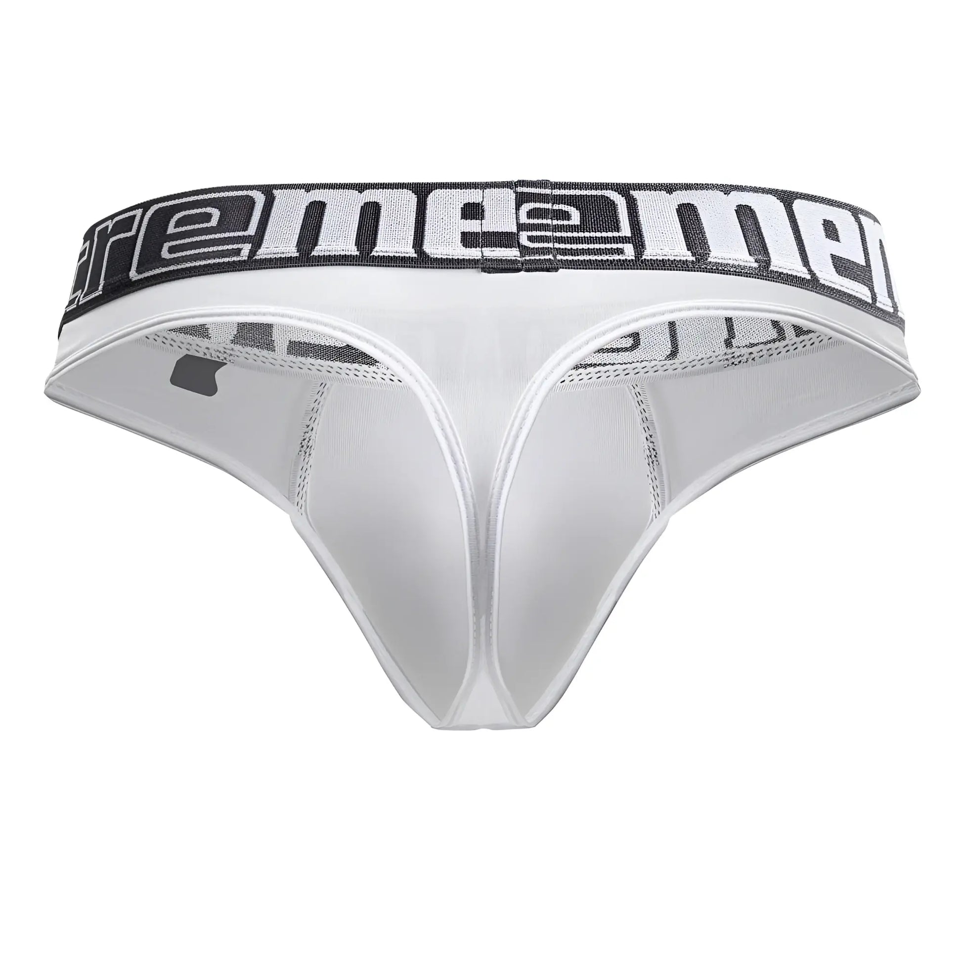 White xtremen 91208b microfiber thong for men with black and white extreme men waistband front view