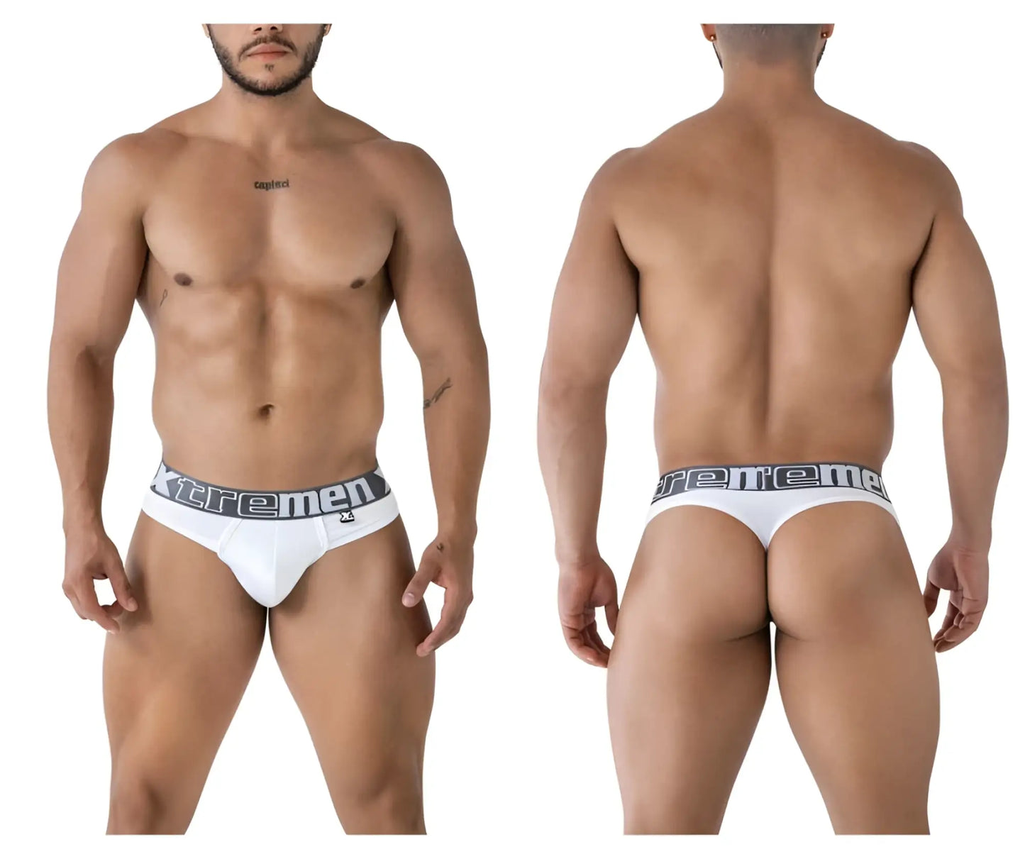 White Xtremen 91208B microfiber briefs with a gray elastic waistband featuring bold Xtremen branding