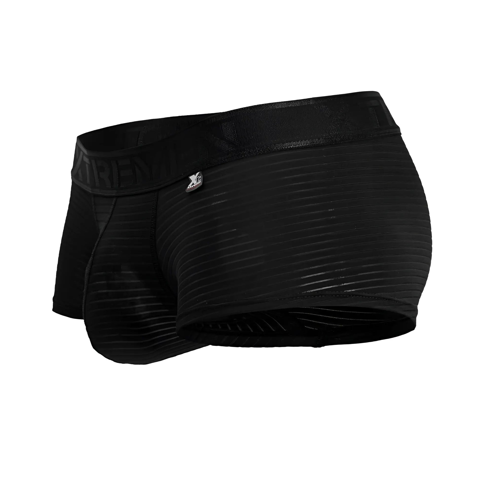 Black xtremen 91209b microfiber trunks with textured ribbed fabric and elastic waistband featuring brand name