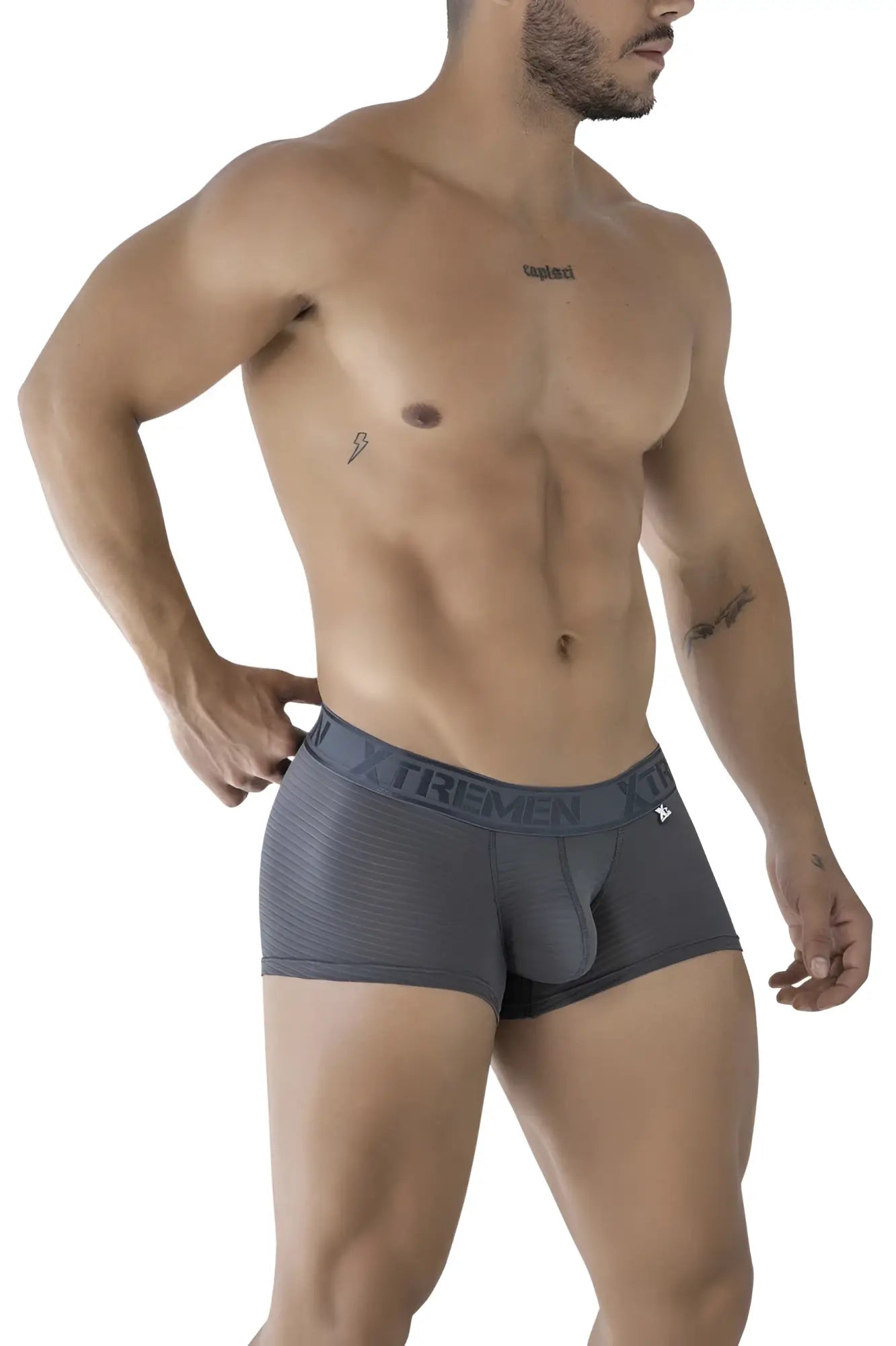 Dark gray form-fitting microfiber boxer briefs with textured waistband featuring trememen brand name by Xtremen