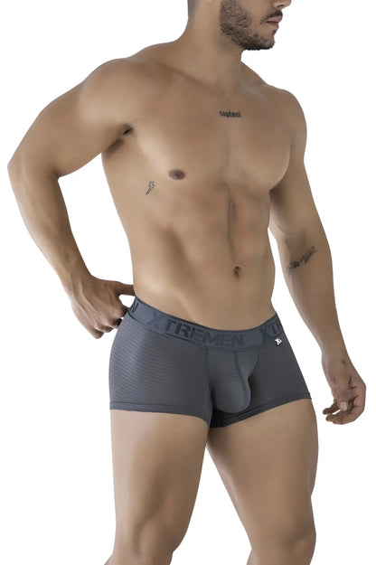 Dark gray form-fitting microfiber boxer briefs with textured waistband featuring trememen brand name by Xtremen