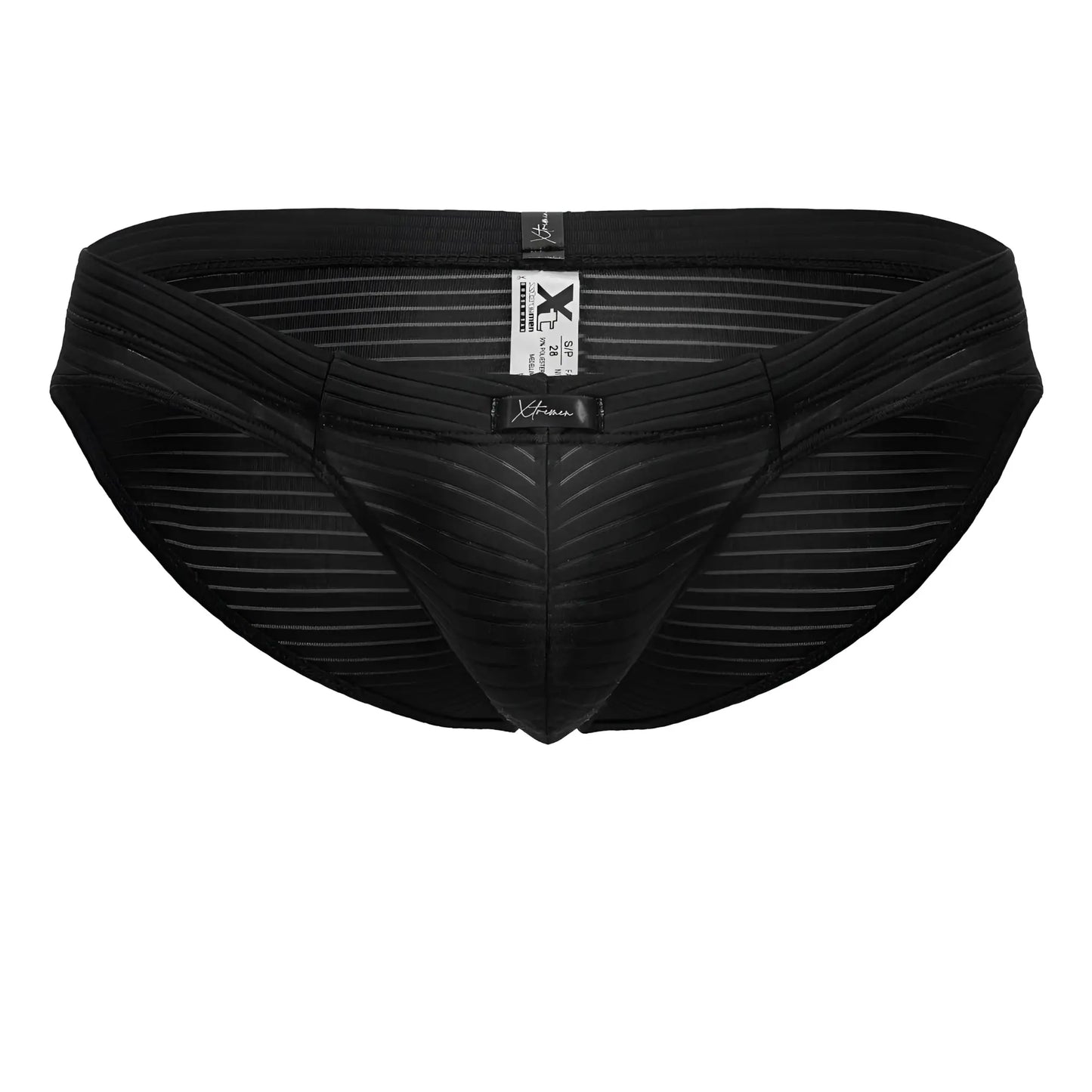Xtremen 91210B black microfiber briefs with subtle vertical stripes and a branded tag on the front side