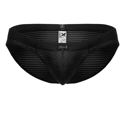 Xtremen 91210B black microfiber briefs with subtle vertical stripes and a branded tag on the front side