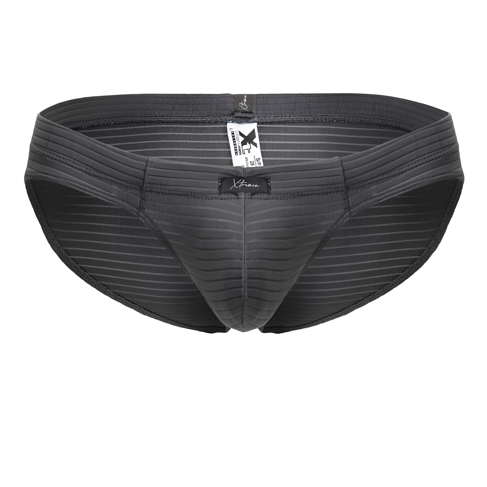 Dark gray striped xtremen 91210b microfiber briefs with textured fabric and branded tag for men