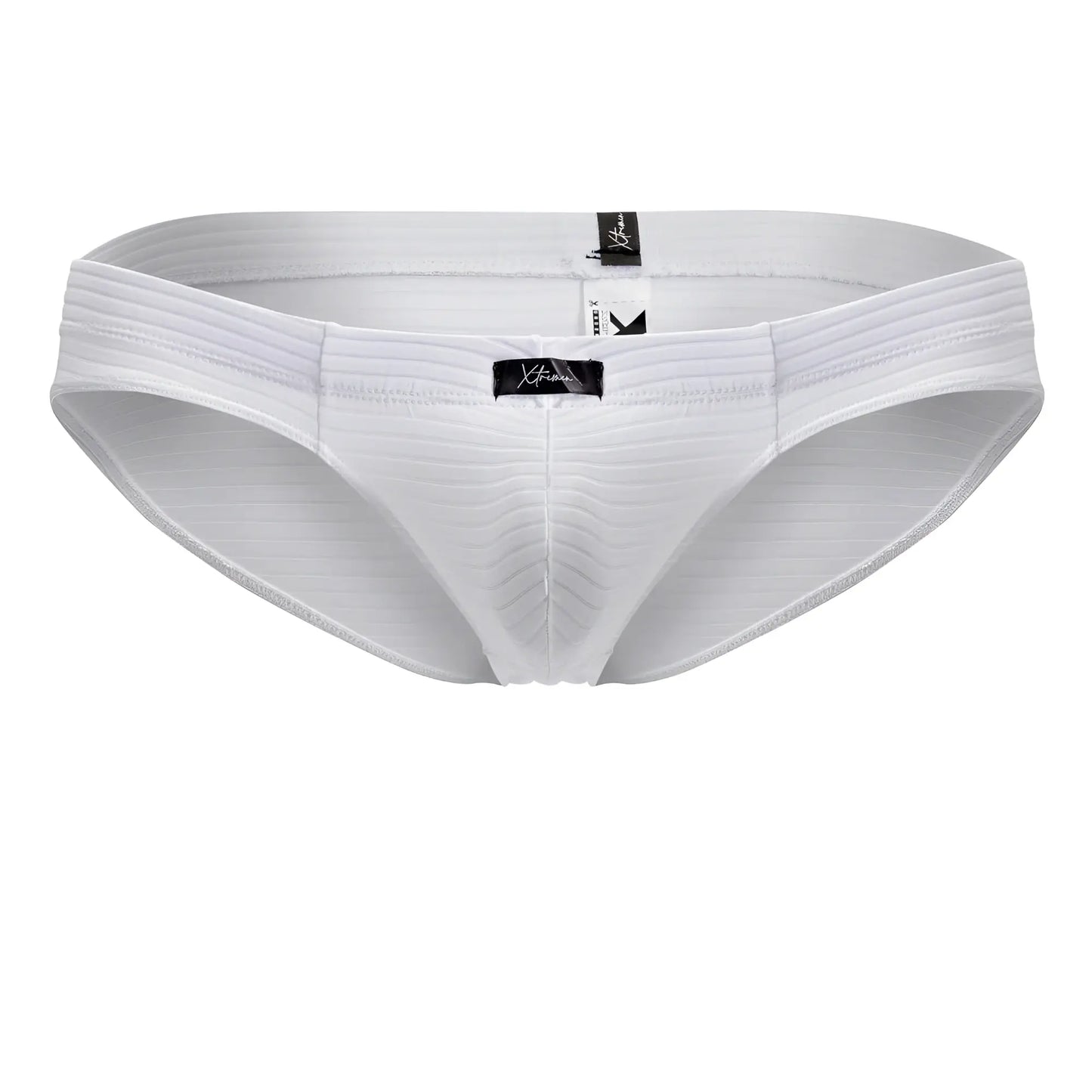 White Xtremen 91210B microfiber briefs with ribbed cotton fabric and sleek contoured design with black brand tags